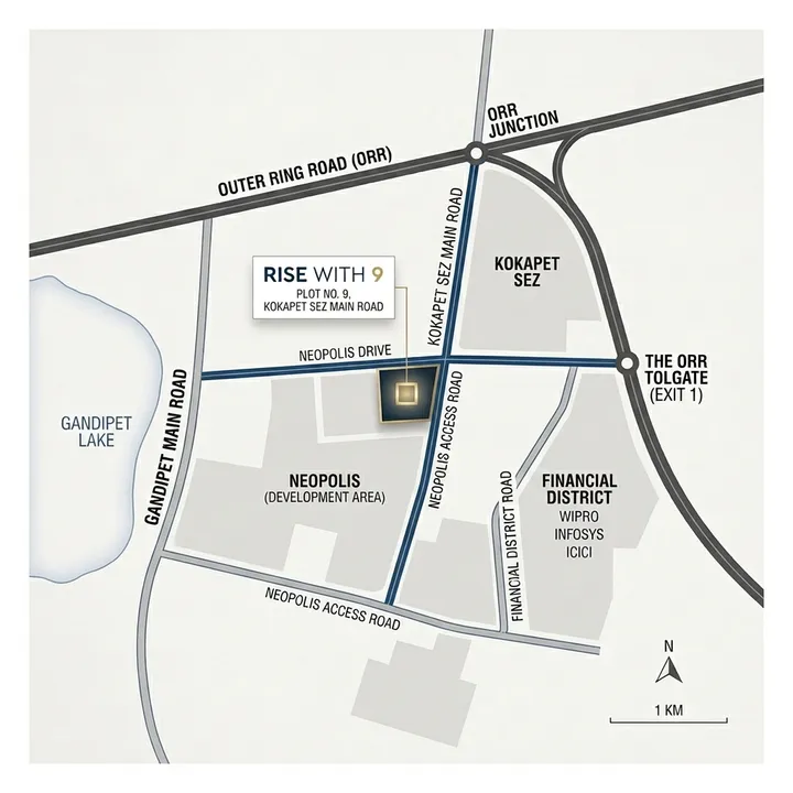 Rise With 9 location map showing Kokapet, ORR access, and nearby landmarks Rise With 9 location map showing Kokapet, ORR access, and nearby landmarks